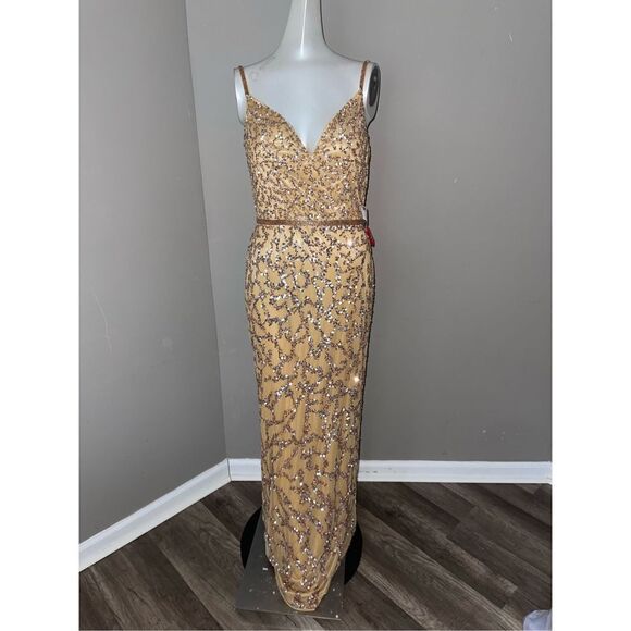 MAC DUGGAL Dress sequin embellished Sz 6 COLUMN GOWN Gold NWT 5481 - Picture 4 of 8
